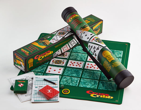 CrossCribb 20th Anniversary Edition includes a new neoprene game board, score pad, premium quality playing cards, pencil, die, dealer's crib chip, durable plastic carrying tube with shoulder strap, and full scoring rules.